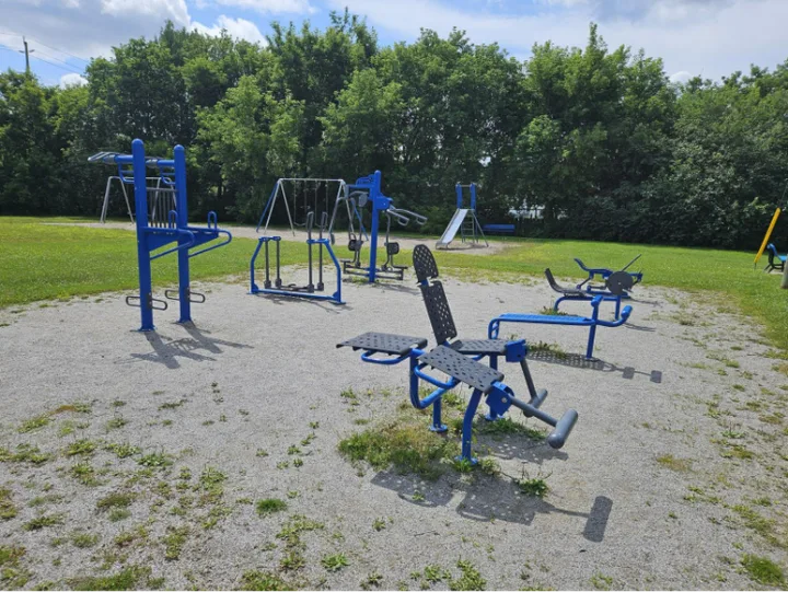 Outdoor exercise equipment at Claude Charbonneau Park, Greater Sudbury